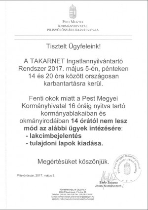 TAKARNET karbantartás miatt részleges ügyintézési szünet