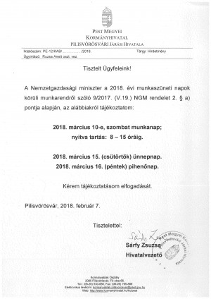 Hirdetmény március 15. kapcsán megváltozott munkarendről