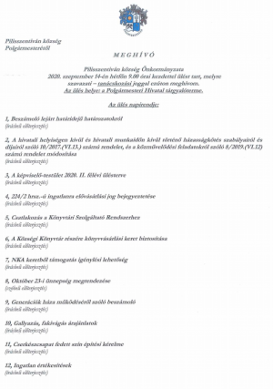 Meghívó testületi ülésre - 2020. szeptember 14. 9:00
